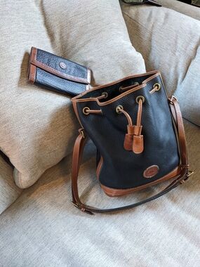 Dooney & Bourke Navy and Brown Leather Drawstring Bucket Bag, Matching Wallet